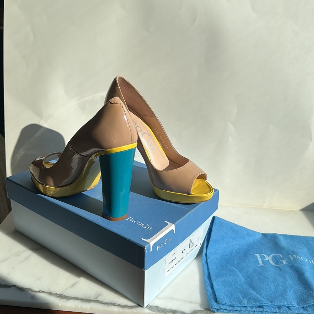 Paco Gil size 7/37 Patent Leather Nude, Yellow, Aegean Stacked 4 inch Heels - Picture 8 of 8